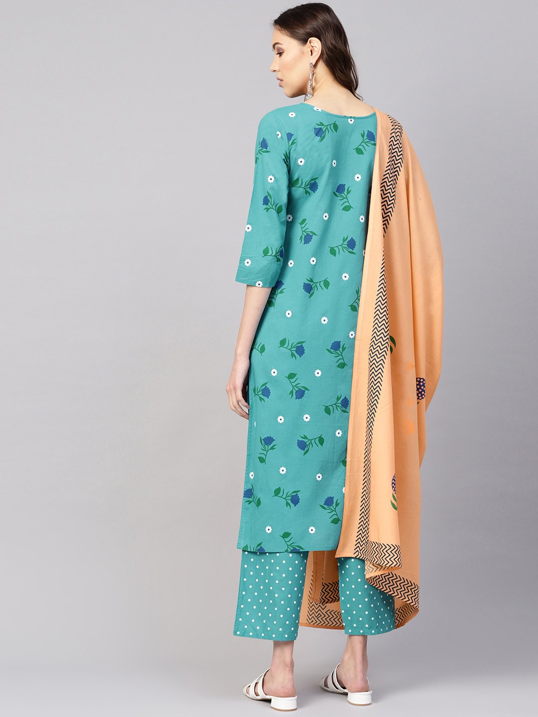 Women Green & Peach-Coloured Printed Kurta with Trousers & Dupatta | NOZ2TOZ - Made In INDIA.