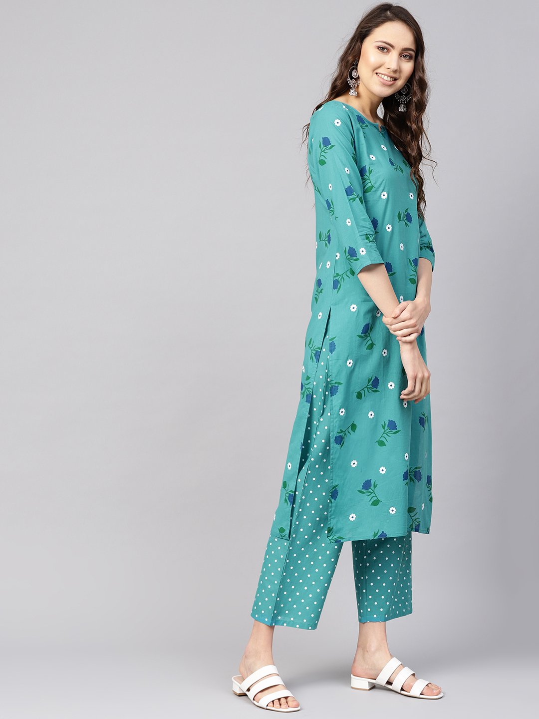 Women Green & Peach-Coloured Printed Kurta with Trousers & Dupatta | NOZ2TOZ - Made In INDIA.