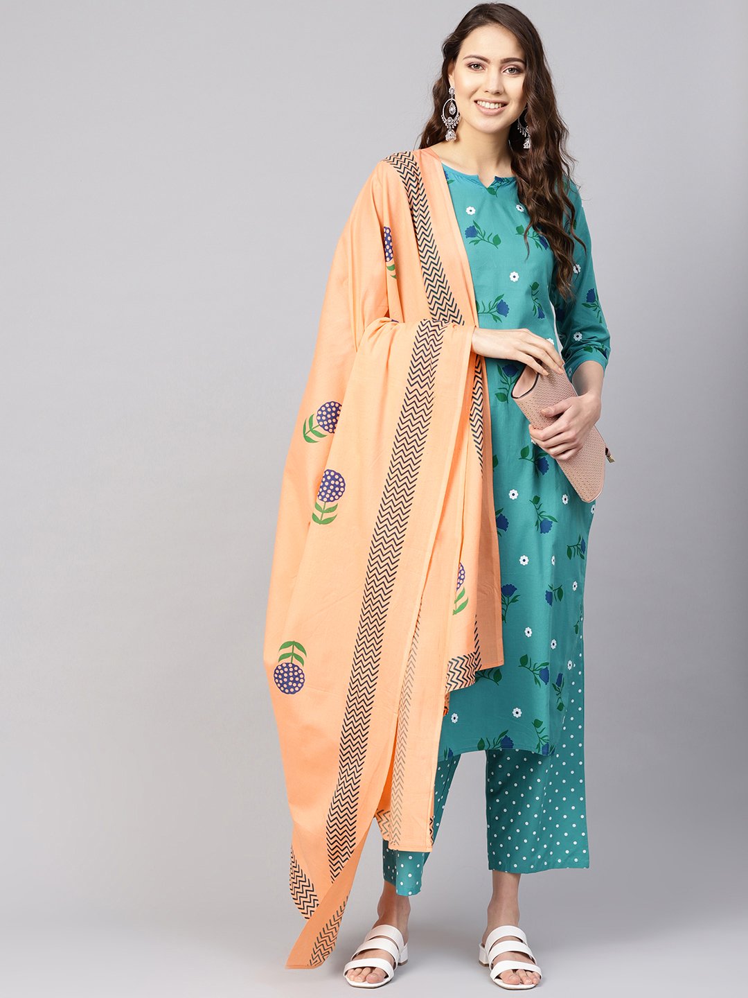 Women Green & Peach-Coloured Printed Kurta with Trousers & Dupatta | NOZ2TOZ - Made In INDIA.