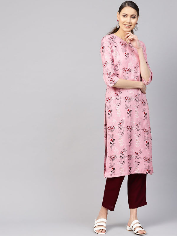 Women Pink & Burgundy Printed Kurta with Trousers | NOZ2TOZ - Made In INDIA.