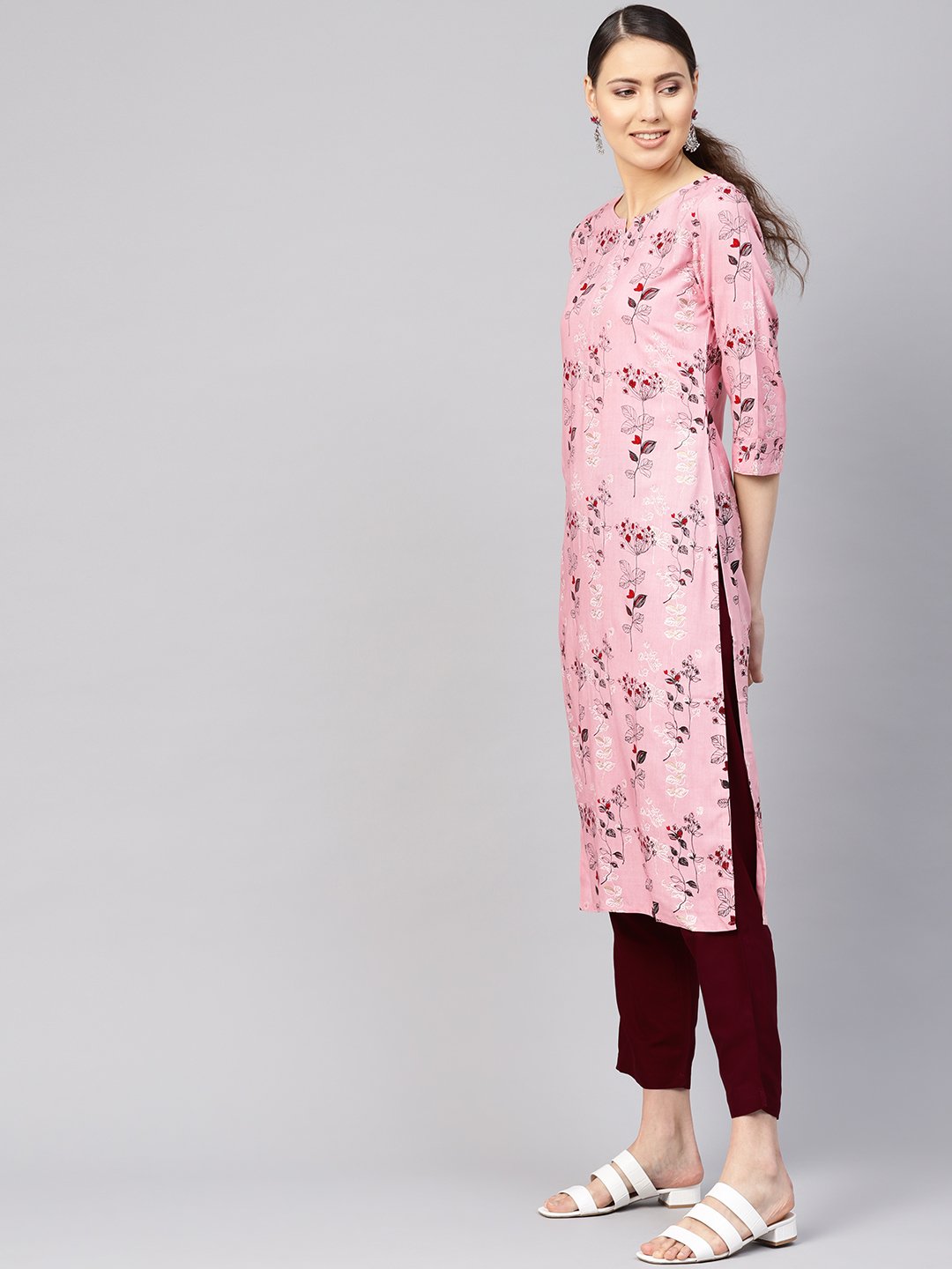 Women Pink & Burgundy Printed Kurta with Trousers | NOZ2TOZ - Made In INDIA.