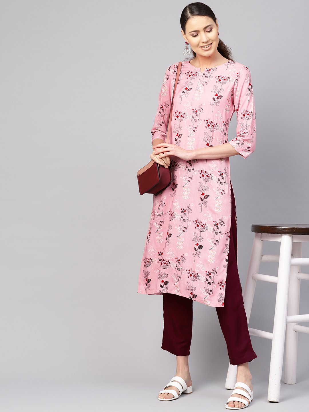 Women Pink & Burgundy Printed Kurta with Trousers | NOZ2TOZ - Made In INDIA.