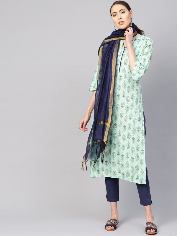 Women Sea Green & Navy Blue Printed Kurta with Trousers & Dupatta | NOZ2TOZ - Made In INDIA.