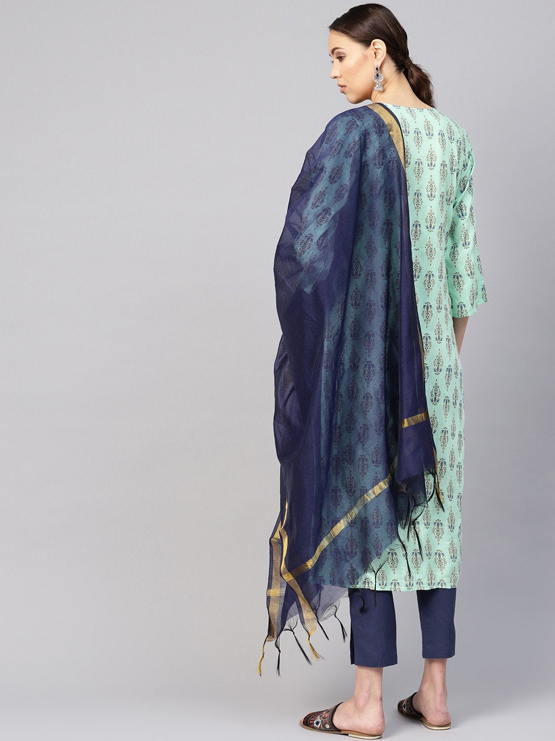 Women Sea Green & Navy Blue Printed Kurta with Trousers & Dupatta | NOZ2TOZ - Made In INDIA.