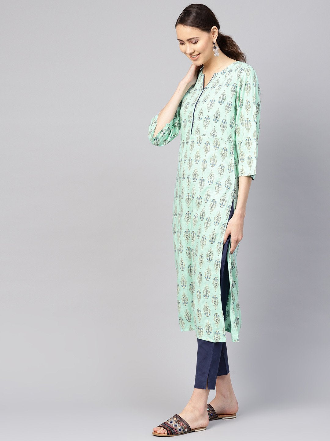 Women Sea Green & Navy Blue Printed Kurta with Trousers & Dupatta | NOZ2TOZ - Made In INDIA.