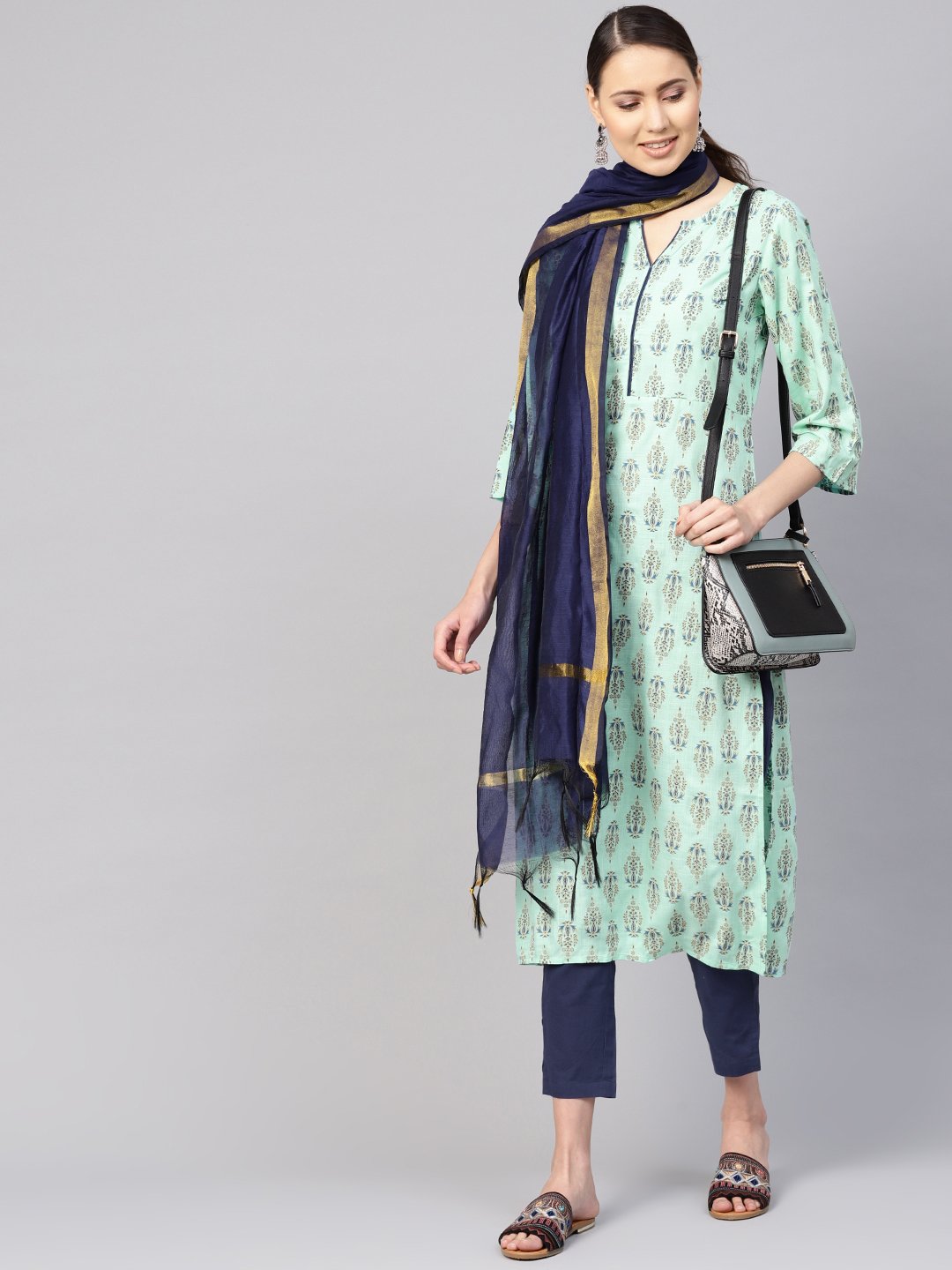 Women Sea Green & Navy Blue Printed Kurta with Trousers & Dupatta | NOZ2TOZ - Made In INDIA.