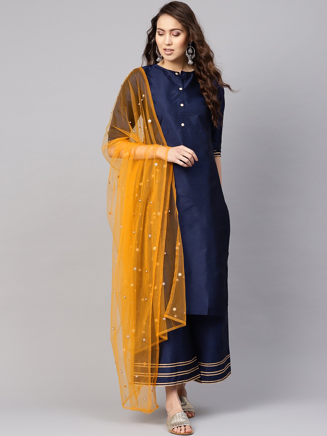 Women Navy Blue & Mustard Yellow Solid Kurta with Palazzos & Dupatta | NOZ2TOZ - Made In INDIA.