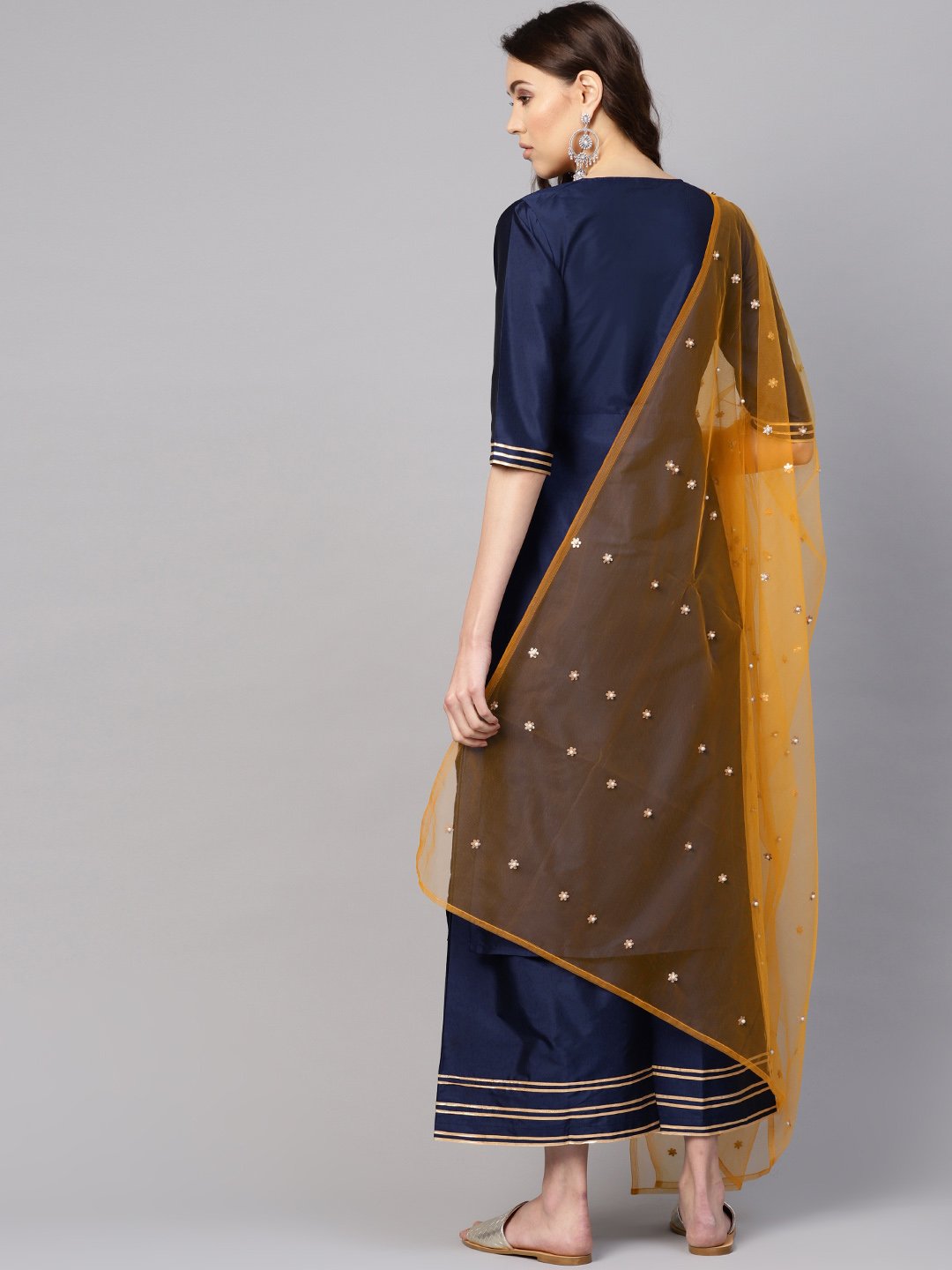 Women Navy Blue & Mustard Yellow Solid Kurta with Palazzos & Dupatta | NOZ2TOZ - Made In INDIA.