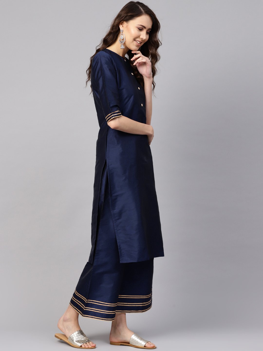 Women Navy Blue & Mustard Yellow Solid Kurta with Palazzos & Dupatta | NOZ2TOZ - Made In INDIA.