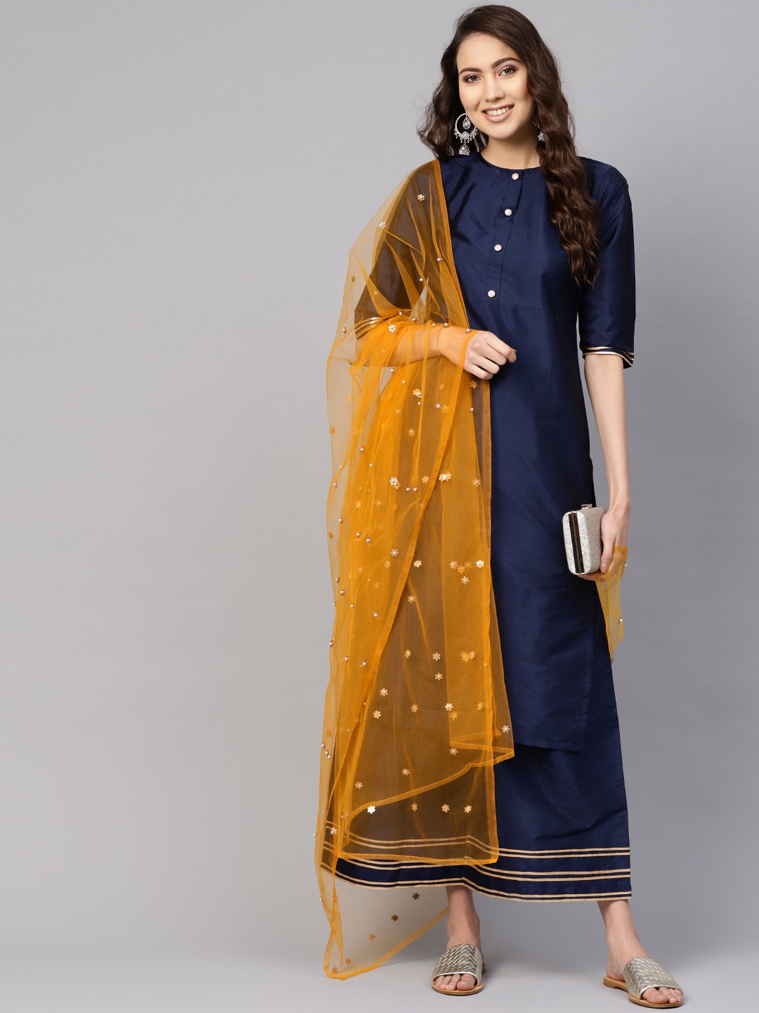 Women Navy Blue & Mustard Yellow Solid Kurta with Palazzos & Dupatta | NOZ2TOZ - Made In INDIA.