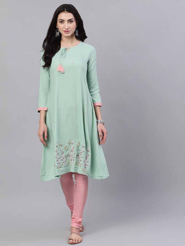 Women Pastel green and pink embroidered boat neck with v-slit 3/4th sleeves  kurta with pink churidar | NOZ2TOZ - Made In INDIA.