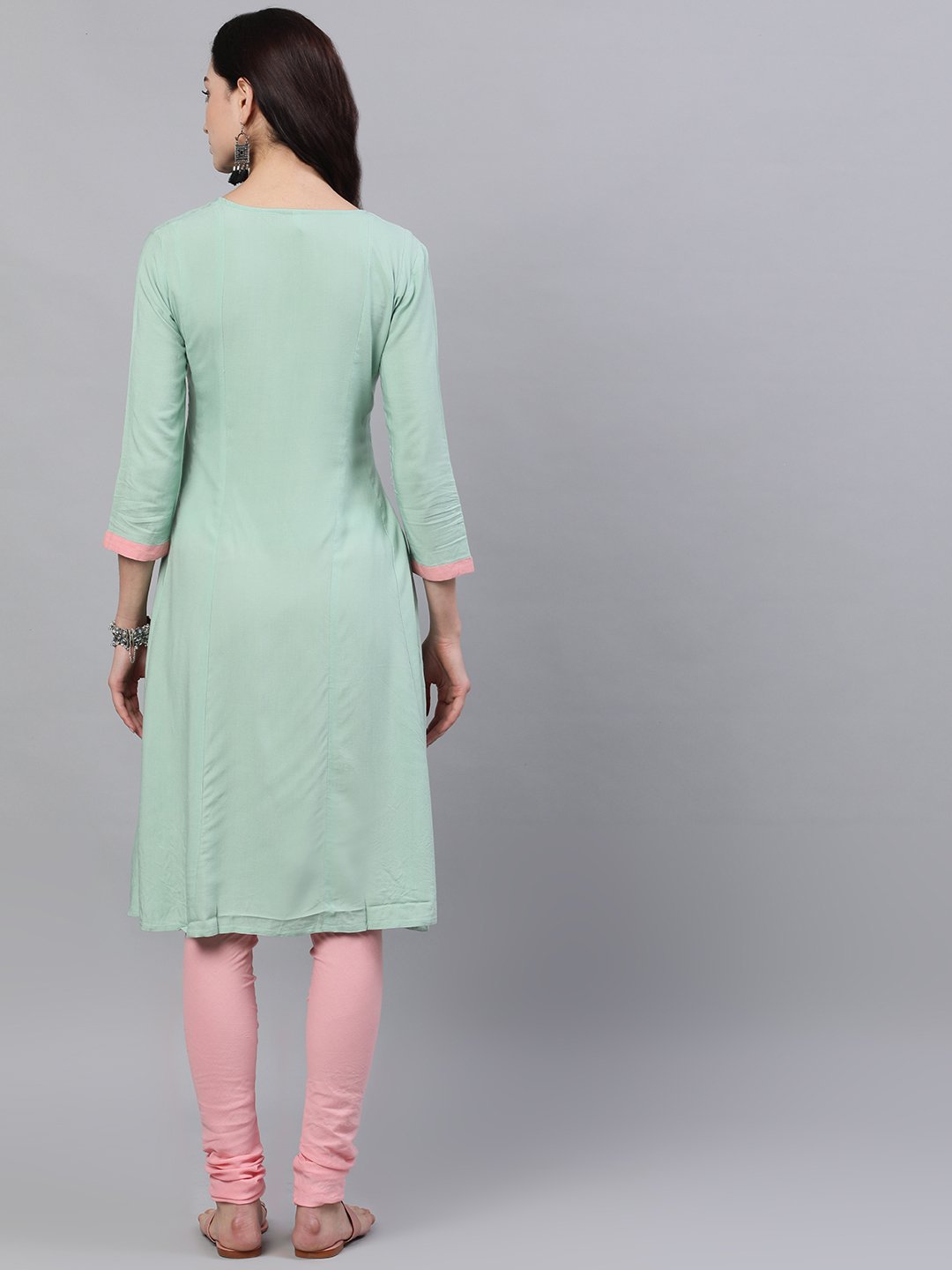 Women Pastel green and pink embroidered boat neck with v-slit 3/4th sleeves  kurta with pink churidar | NOZ2TOZ - Made In INDIA.