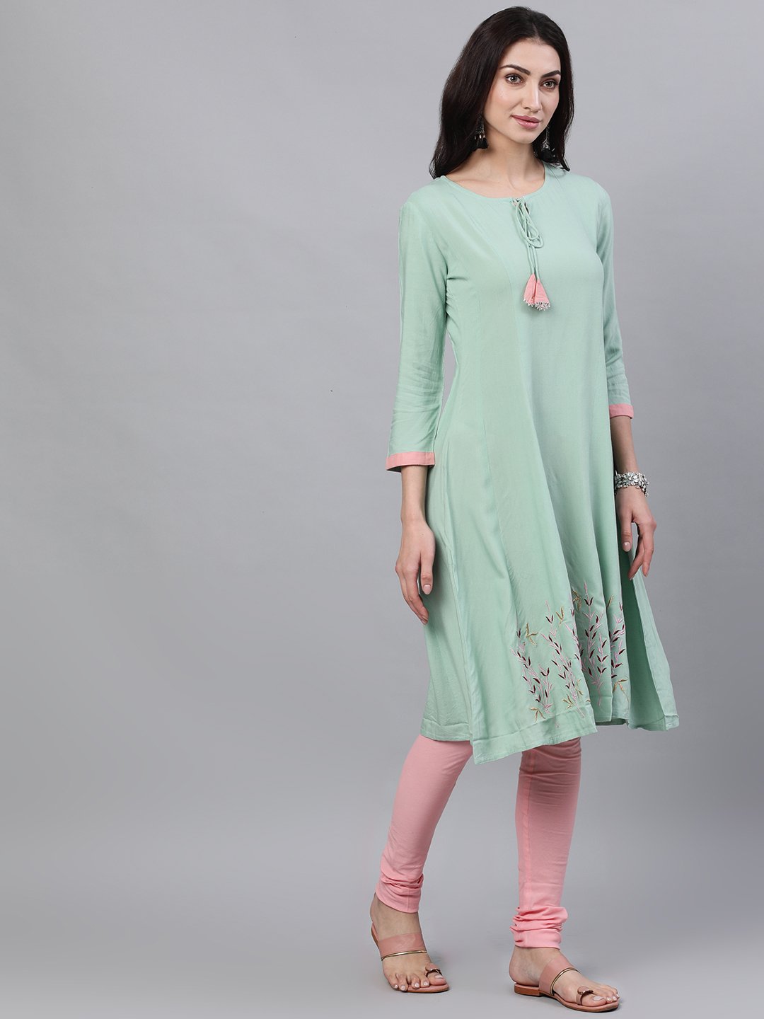 Women Pastel green and pink embroidered boat neck with v-slit 3/4th sleeves  kurta with pink churidar | NOZ2TOZ - Made In INDIA.