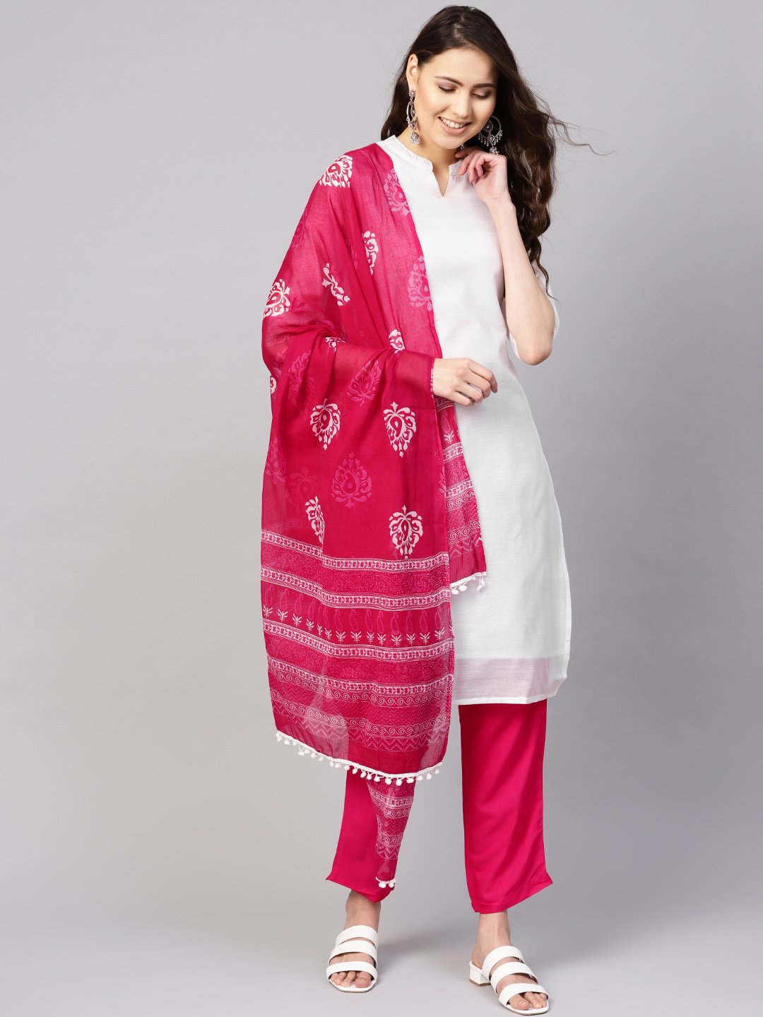 Women White & Pink Solid Kurta with Trousers & Dupatta | NOZ2TOZ - Made In INDIA.