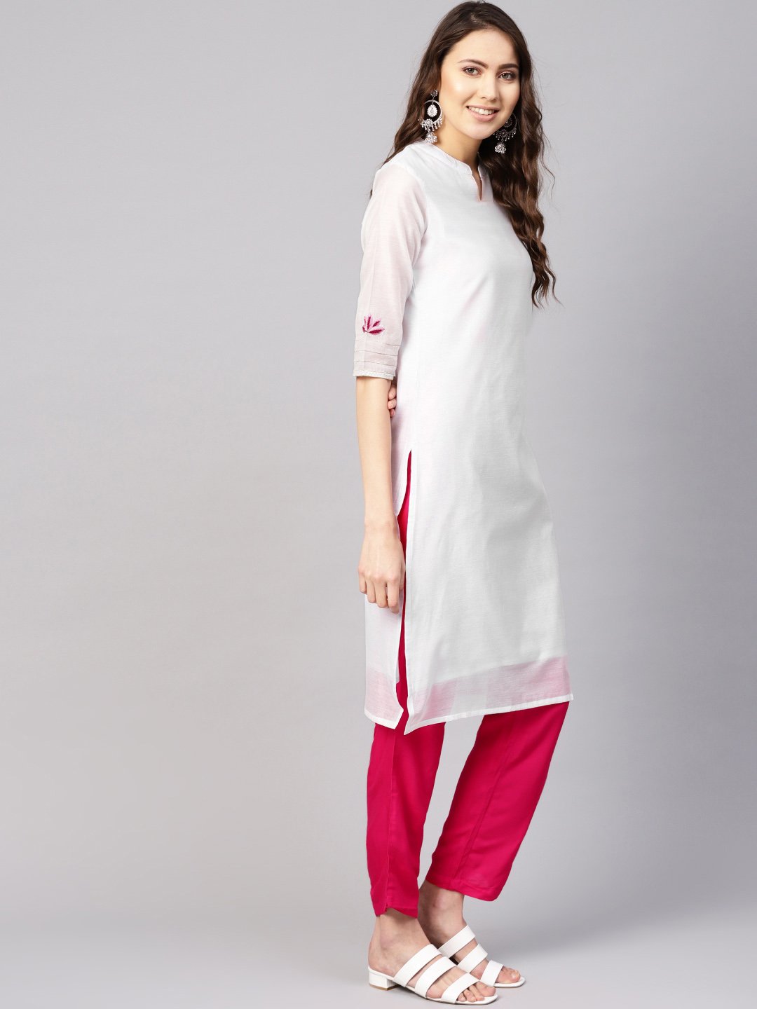 Women White & Pink Solid Kurta with Trousers & Dupatta | NOZ2TOZ - Made In INDIA.