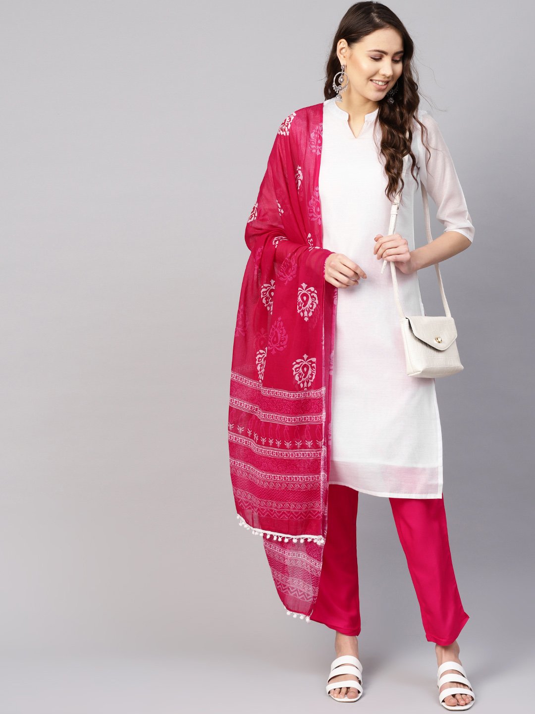 Women White & Pink Solid Kurta with Trousers & Dupatta | NOZ2TOZ - Made In INDIA.