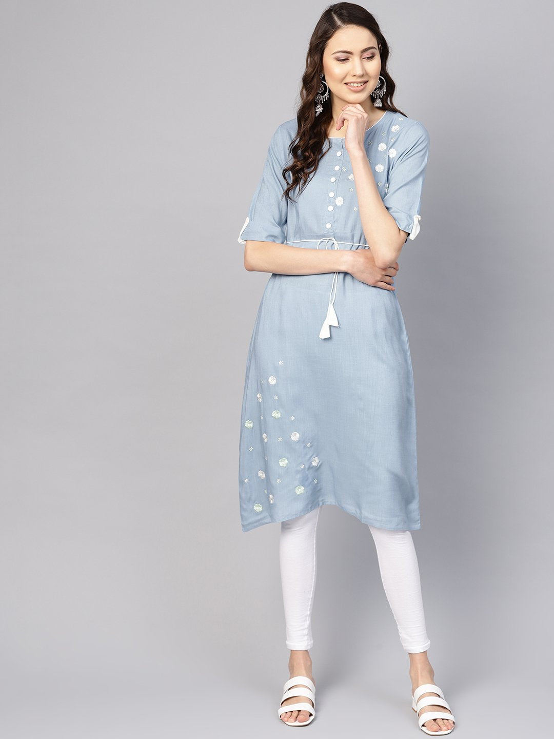 Blue embroidered  round neck hald sleeves kurta dress | NOZ2TOZ - Made In INDIA.