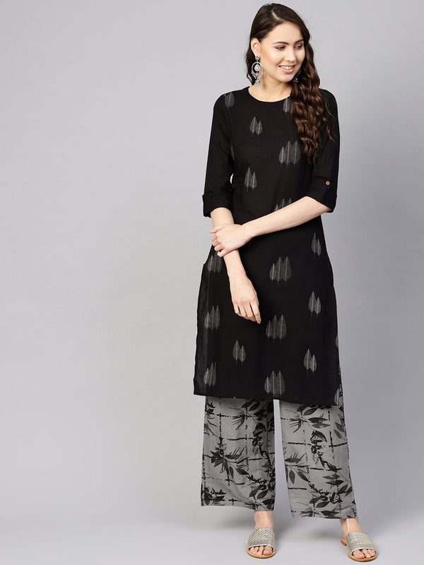 Women Black & Grey Printed Kurta with Trousers | NOZ2TOZ - Made In INDIA.