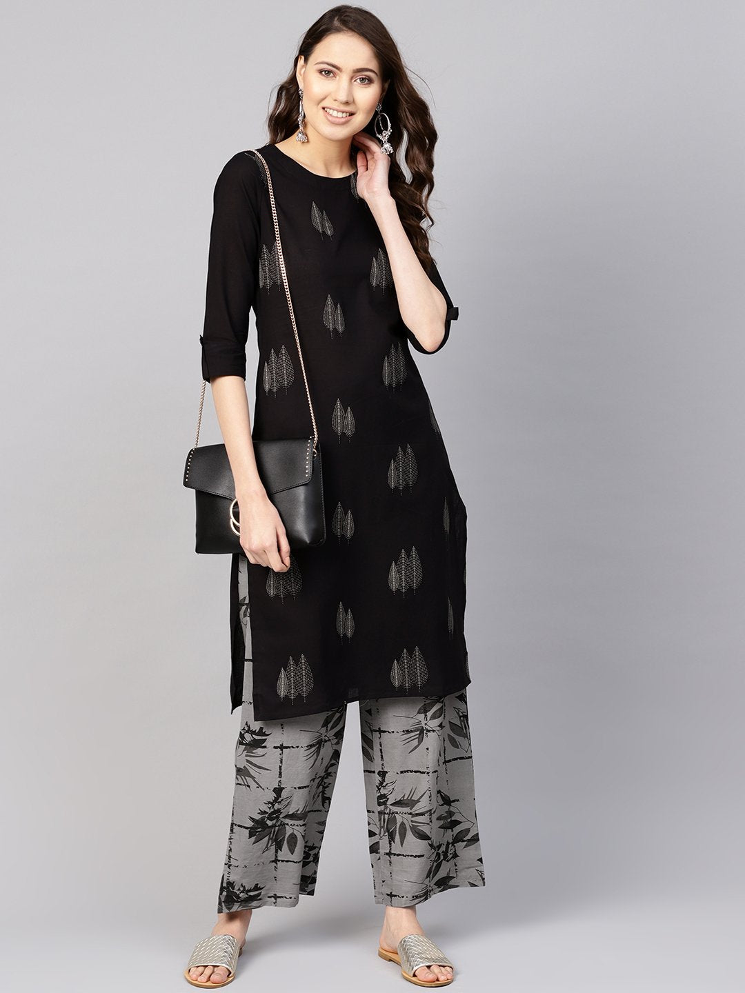 Women Black & Grey Printed Kurta with Trousers | NOZ2TOZ - Made In INDIA.