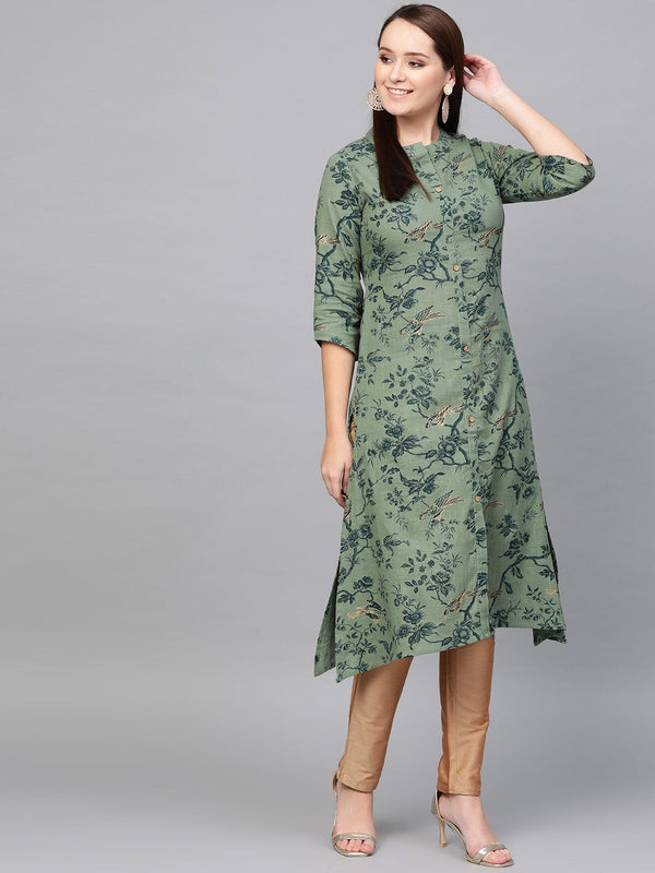 Sage green floral gold printed collared neck 3/4th sleeves A-line kurta. | NOZ2TOZ - Made In INDIA.