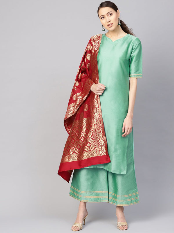 Women Sea Green & Maroon Solid Kurta with Palazzos & Dupatta | NOZ2TOZ - Made In INDIA.