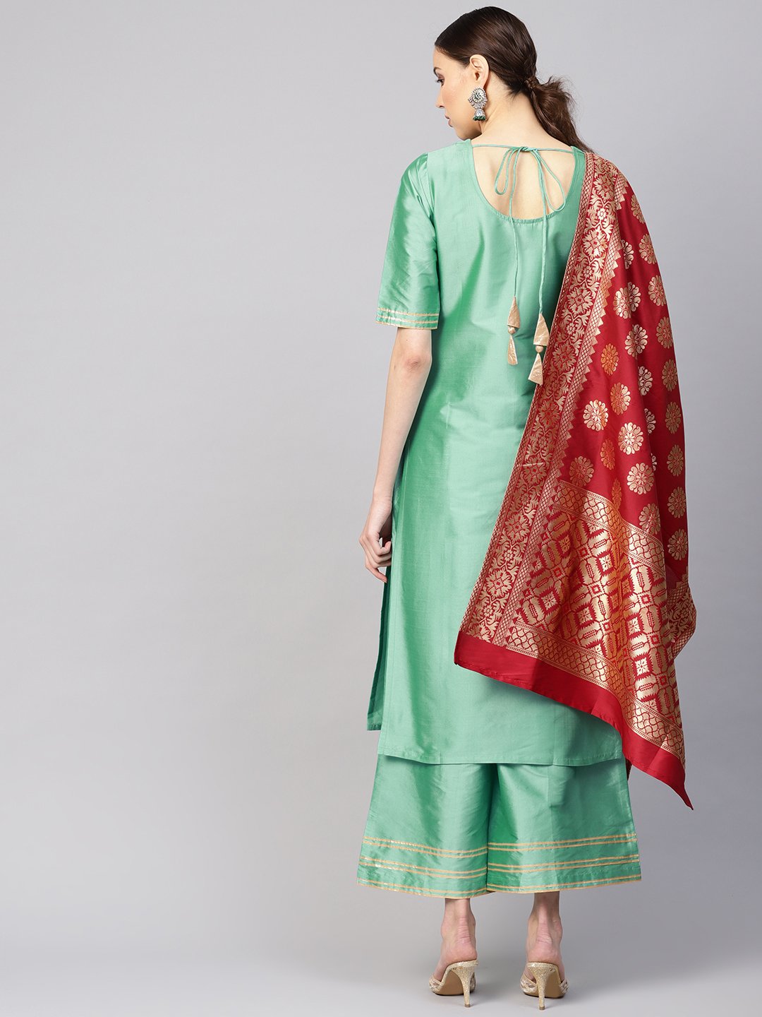 Women Sea Green & Maroon Solid Kurta with Palazzos & Dupatta | NOZ2TOZ - Made In INDIA.