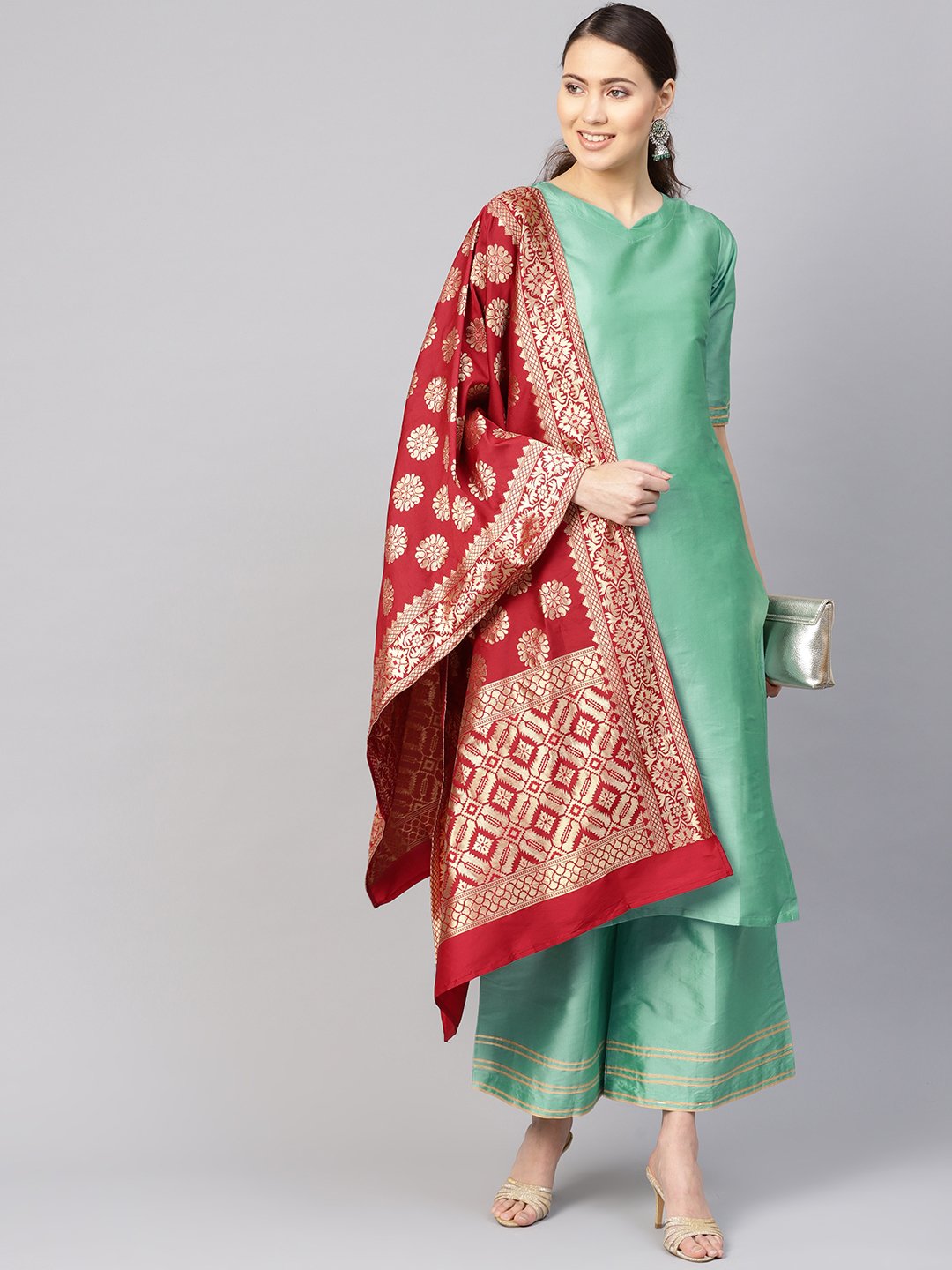 Women Sea Green & Maroon Solid Kurta with Palazzos & Dupatta | NOZ2TOZ - Made In INDIA.