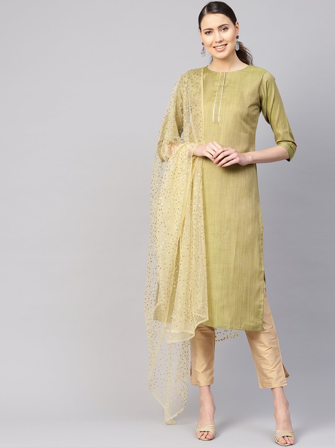 Women Green & Beige Solid Kurta with Trousers & Dupatta | NOZ2TOZ - Made In INDIA.