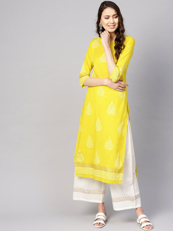 Women Yellow & White Printed Kurta with Palazzos | NOZ2TOZ - Made In INDIA.