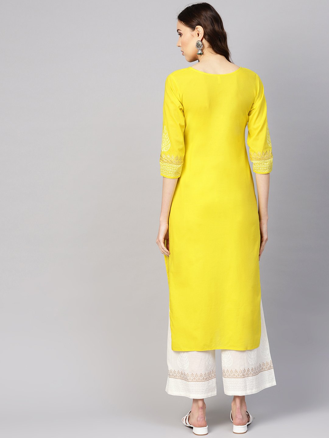 Women Yellow & White Printed Kurta with Palazzos | NOZ2TOZ - Made In INDIA.