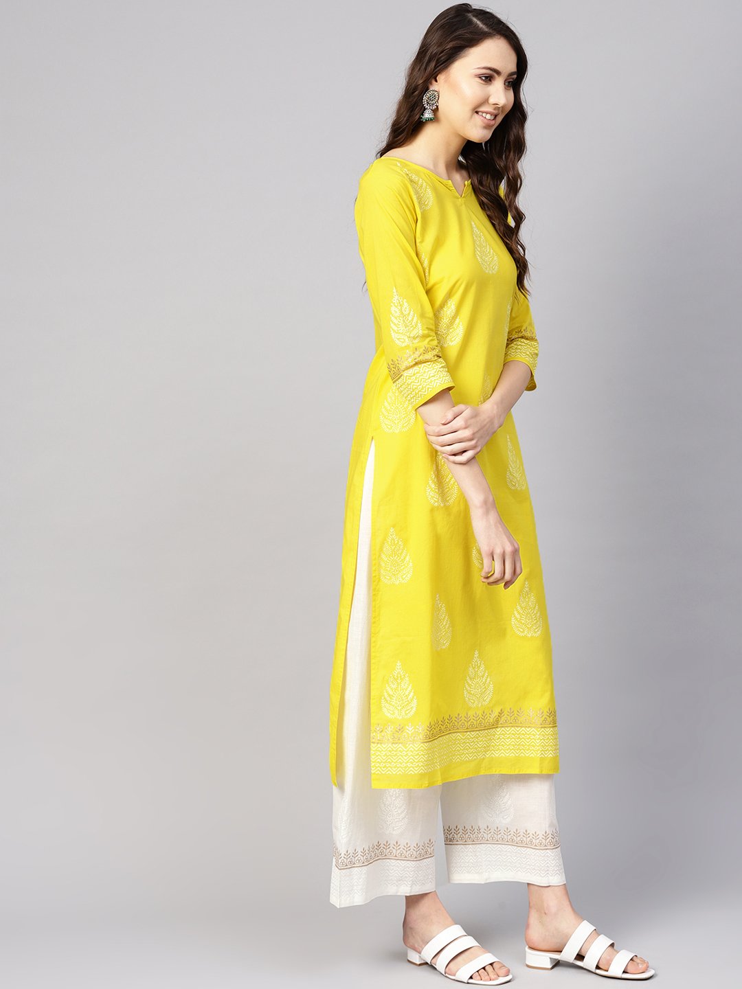 Women Yellow & White Printed Kurta with Palazzos | NOZ2TOZ - Made In INDIA.