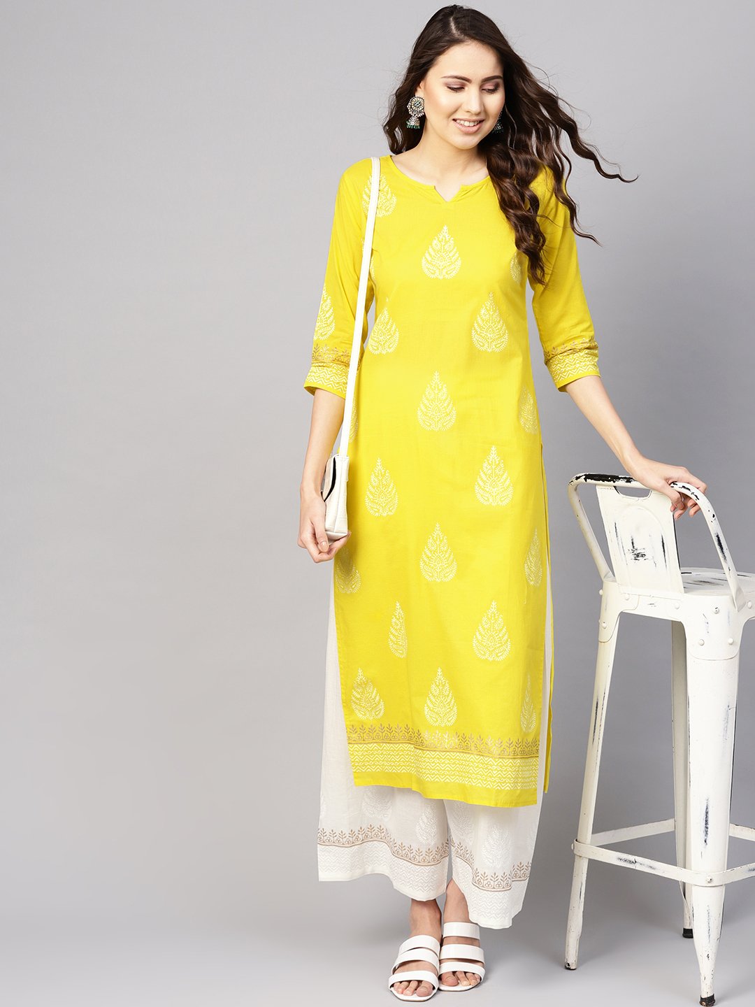 Women Yellow & White Printed Kurta with Palazzos | NOZ2TOZ - Made In INDIA.