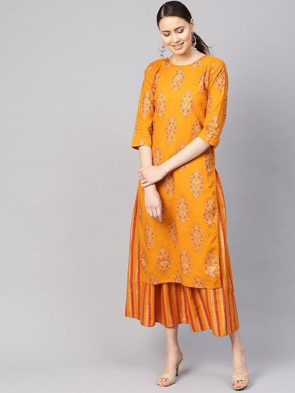 Women Mustard Yellow & Pink Printed Kurta with Skirt | NOZ2TOZ - Made In INDIA.