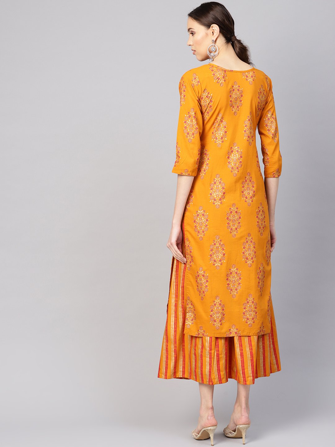 Women Mustard Yellow & Pink Printed Kurta with Skirt | NOZ2TOZ - Made In INDIA.