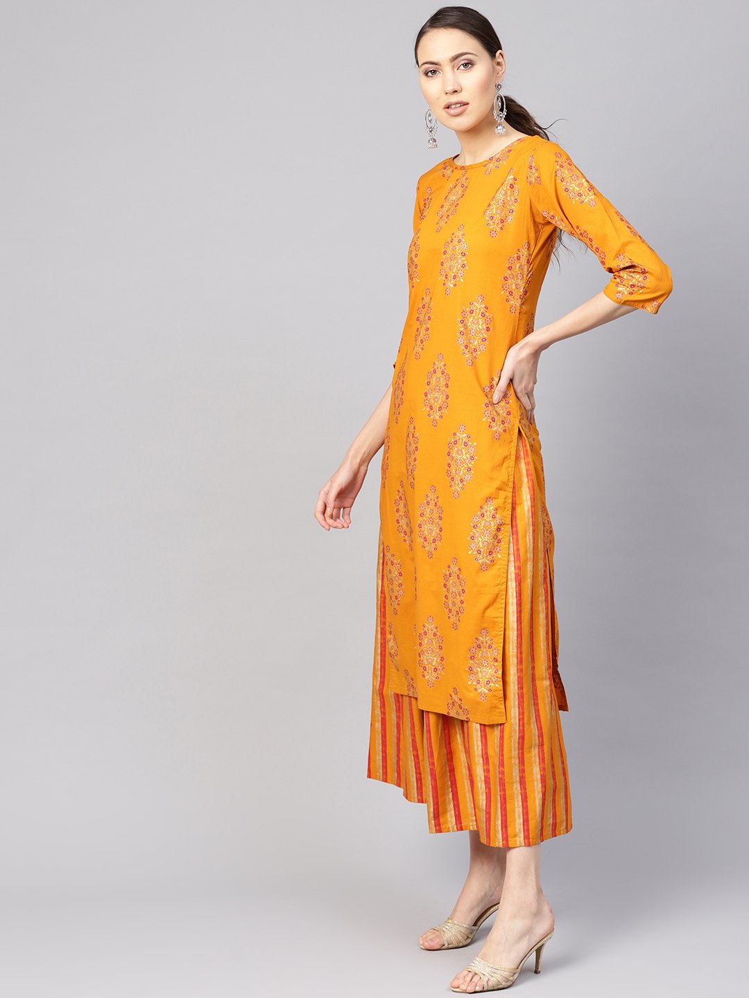 Women Mustard Yellow & Pink Printed Kurta with Skirt | NOZ2TOZ - Made In INDIA.