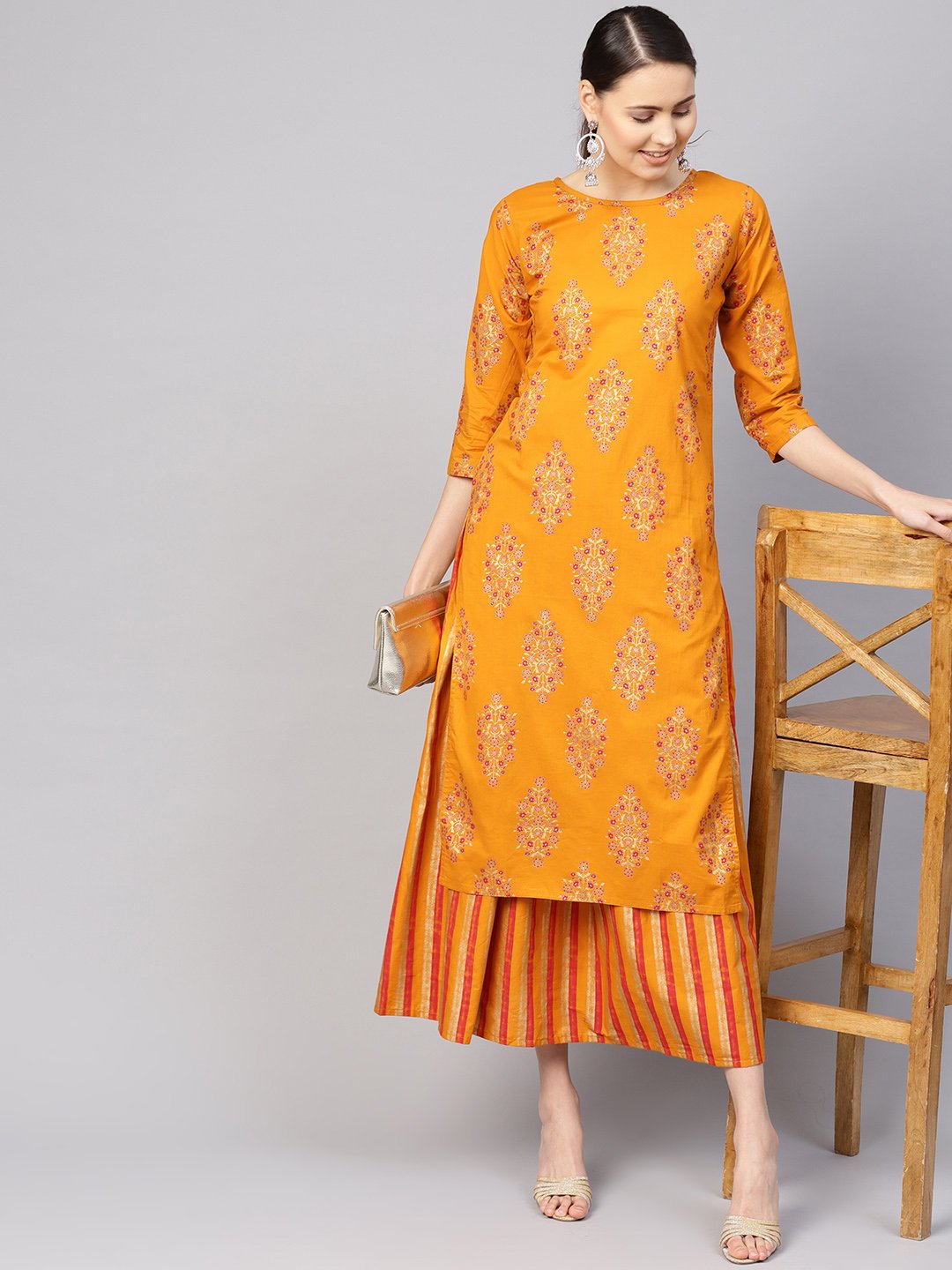 Women Mustard Yellow & Pink Printed Kurta with Skirt | NOZ2TOZ - Made In INDIA.