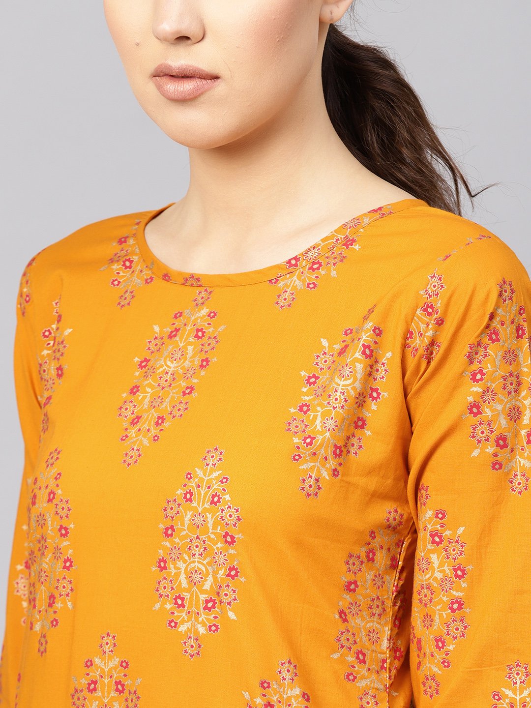 Women Mustard Yellow & Pink Printed Kurta with Skirt | NOZ2TOZ - Made In INDIA.