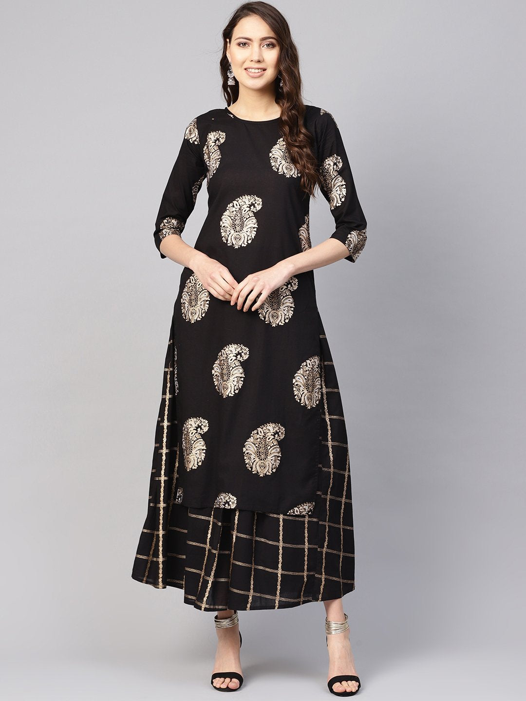 Women Black & Golden Printed Kurta with Skirt | NOZ2TOZ - Made In INDIA.