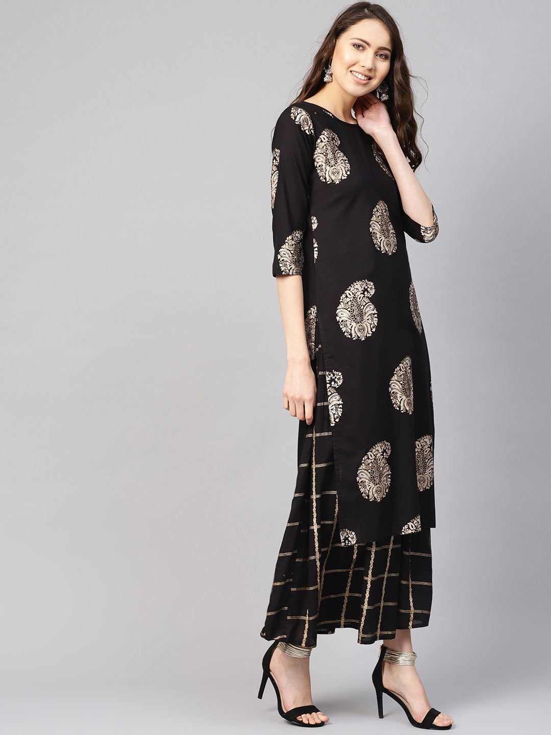 Women Black & Golden Printed Kurta with Skirt | NOZ2TOZ - Made In INDIA.