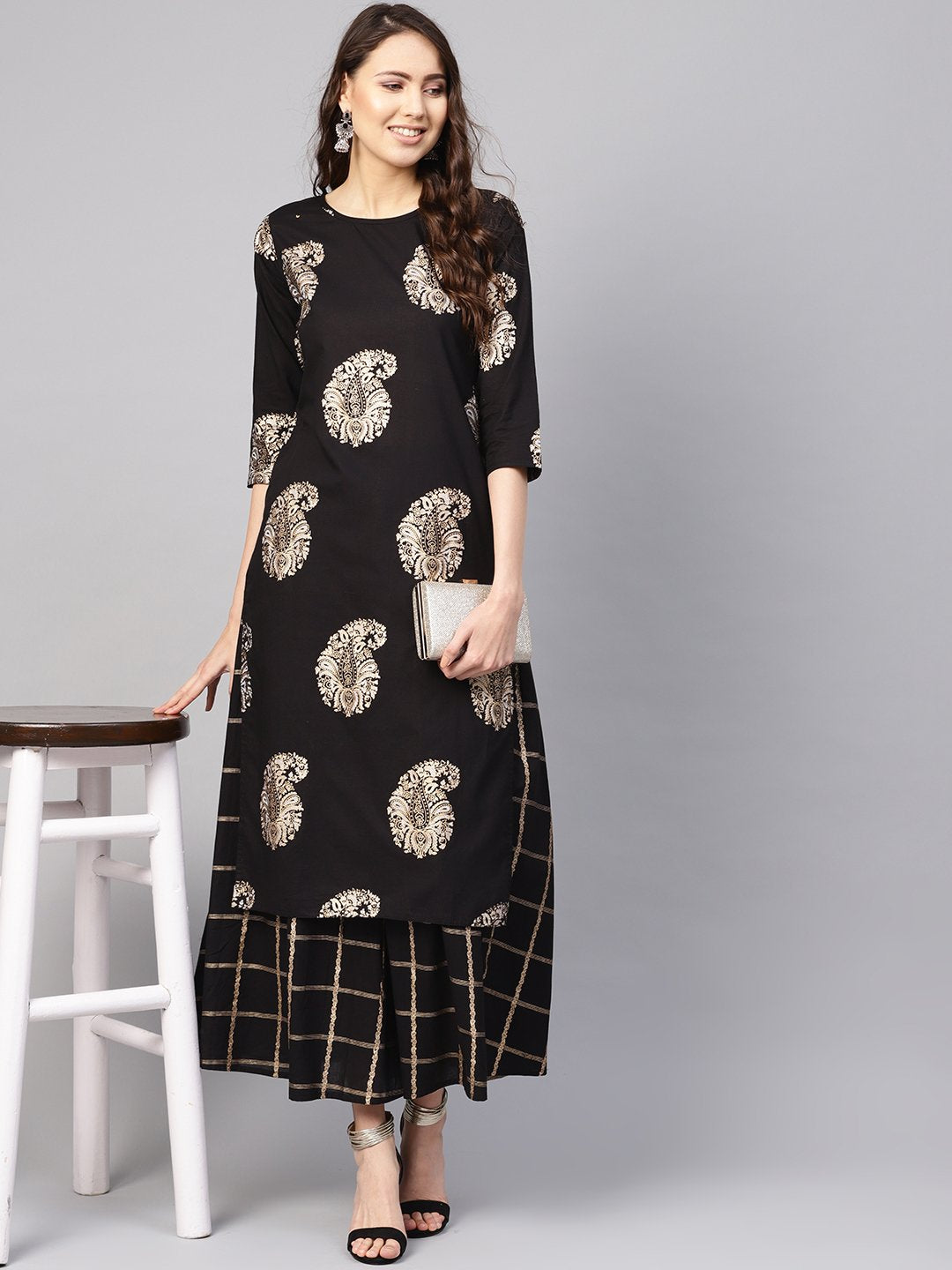 Women Black & Golden Printed Kurta with Skirt | NOZ2TOZ - Made In INDIA.