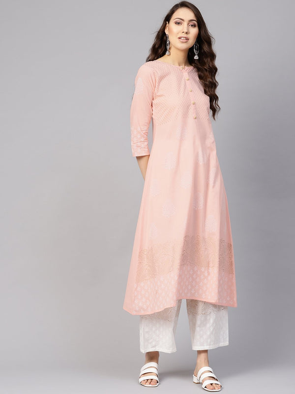 Women Peach-Coloured & White Block Print Kurta with Palazzos | NOZ2TOZ - Made In INDIA.