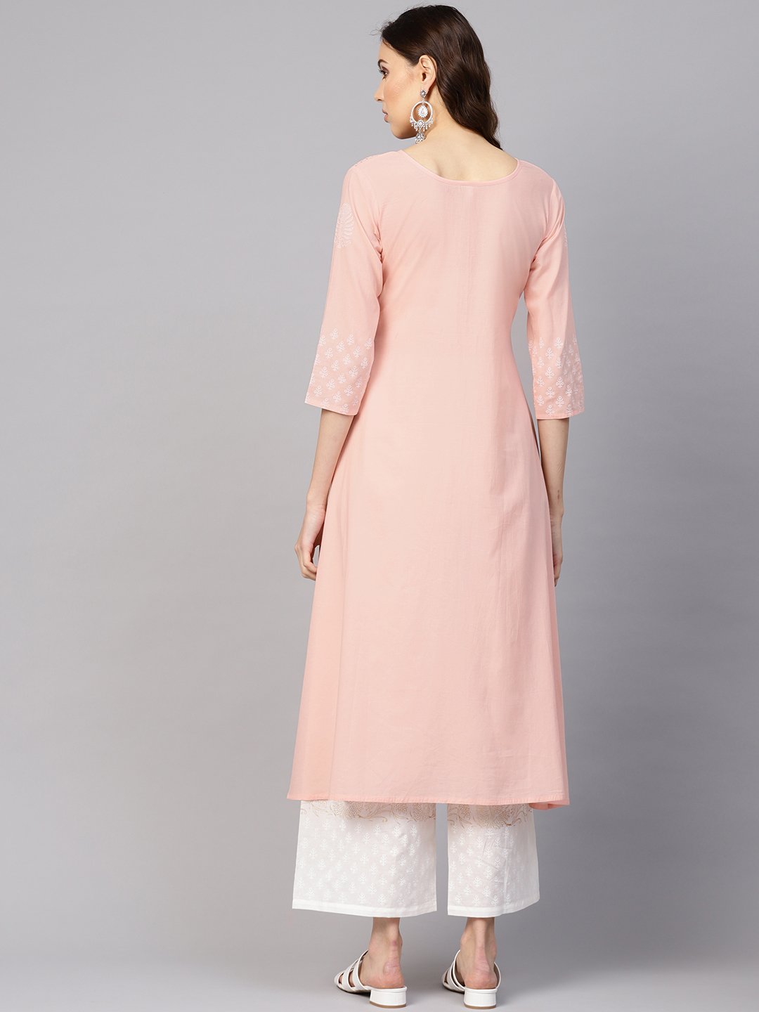 Women Peach-Coloured & White Block Print Kurta with Palazzos | NOZ2TOZ - Made In INDIA.