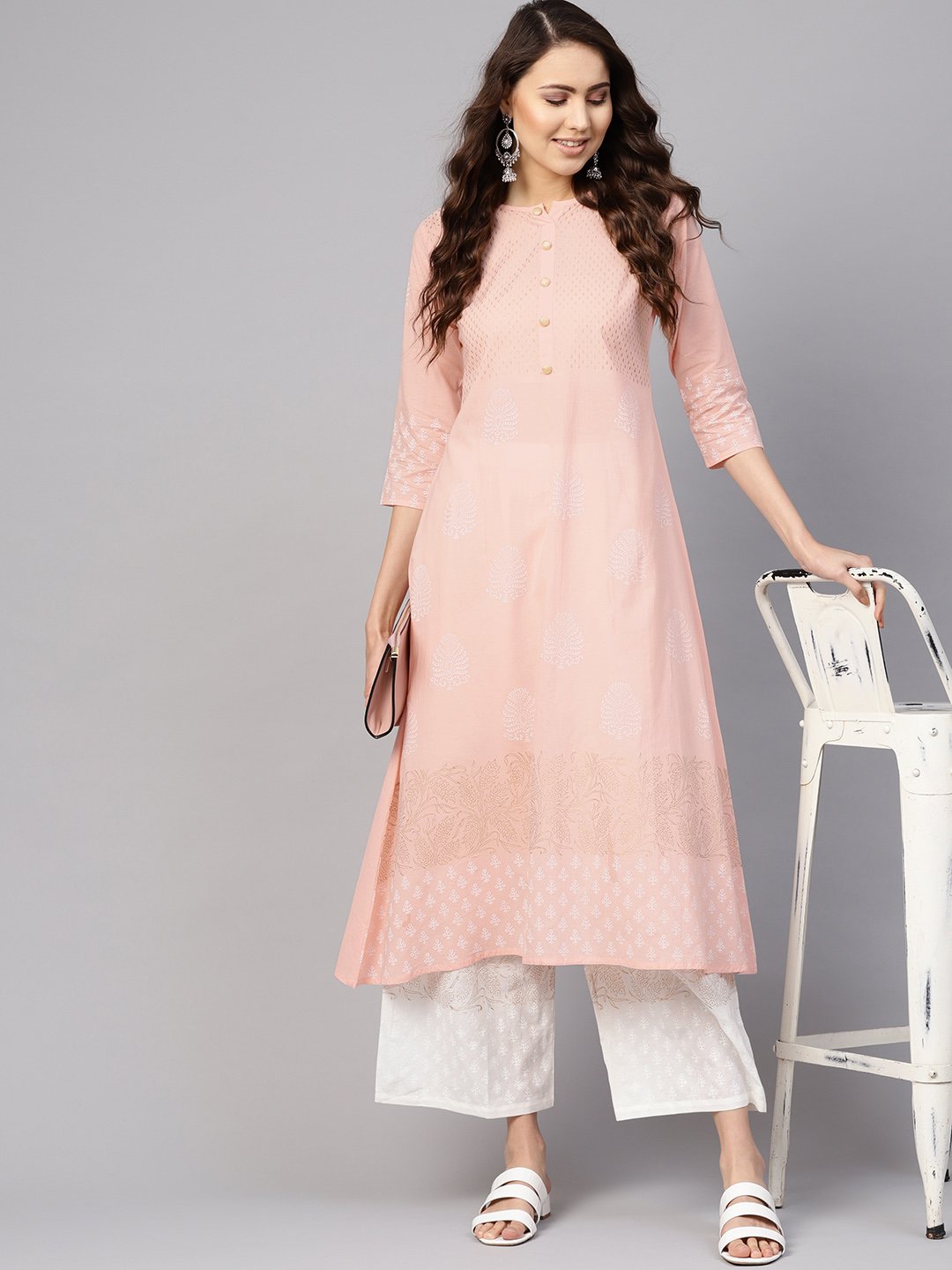 Women Peach-Coloured & White Block Print Kurta with Palazzos | NOZ2TOZ - Made In INDIA.