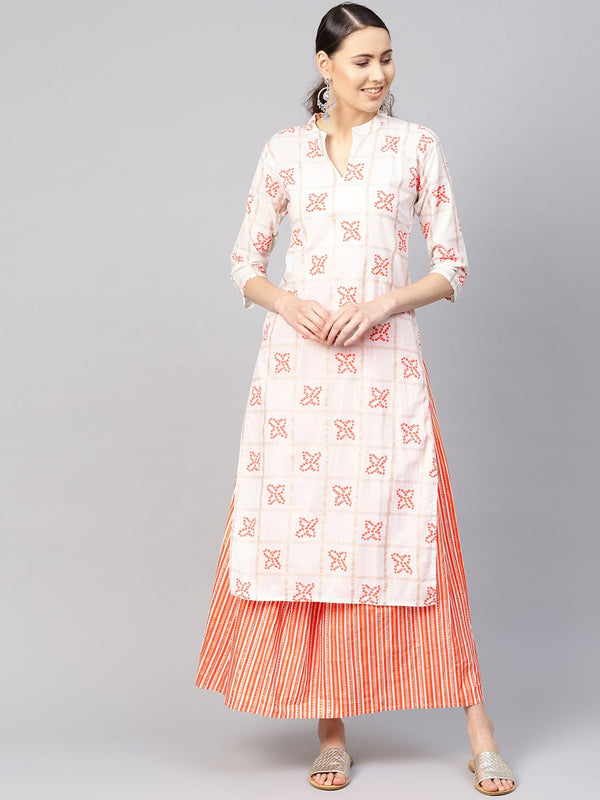 Women White & Orange Printed Kurta with Skirt | NOZ2TOZ - Made In INDIA.