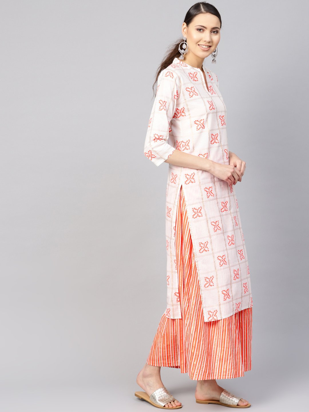 Women White & Orange Printed Kurta with Skirt | NOZ2TOZ - Made In INDIA.