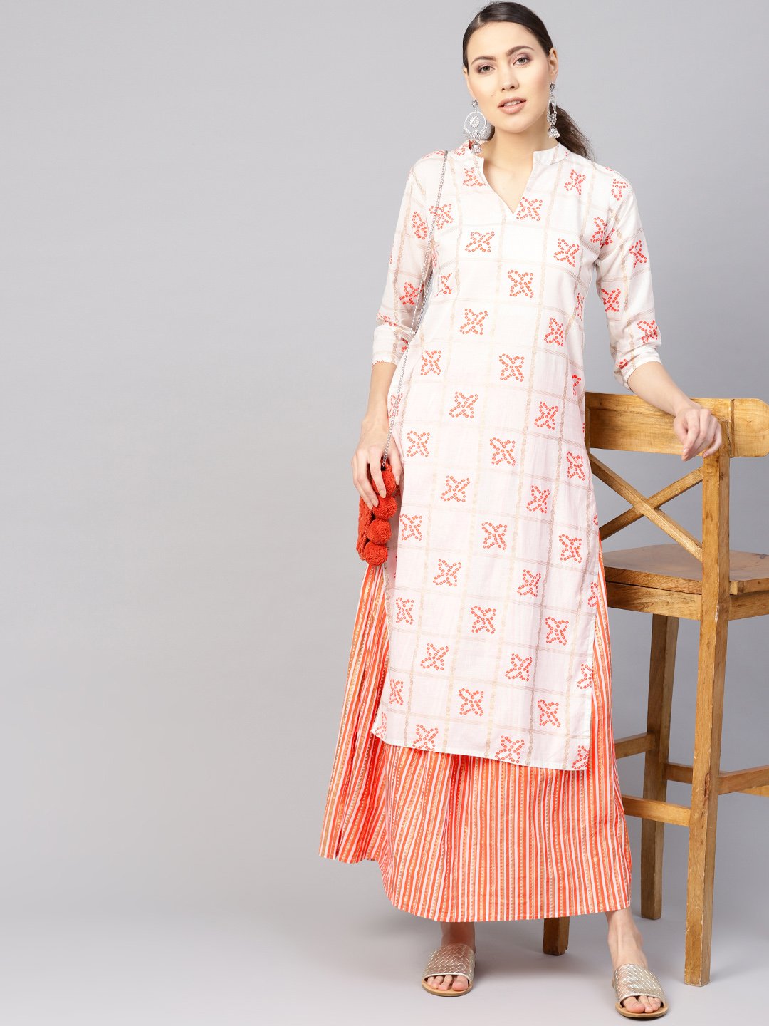 Women White & Orange Printed Kurta with Skirt | NOZ2TOZ - Made In INDIA.