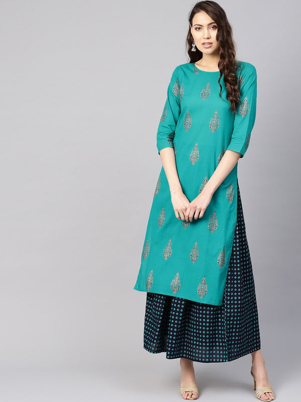 Women Green & Navy Blue Printed Kurta with Skirt | NOZ2TOZ - Made In INDIA.