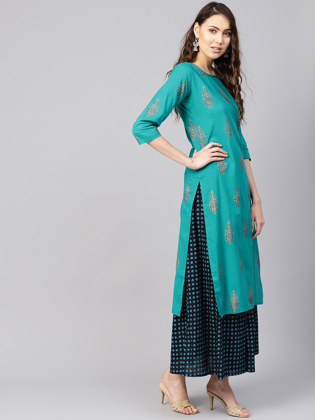 Women Green & Navy Blue Printed Kurta with Skirt | NOZ2TOZ - Made In INDIA.