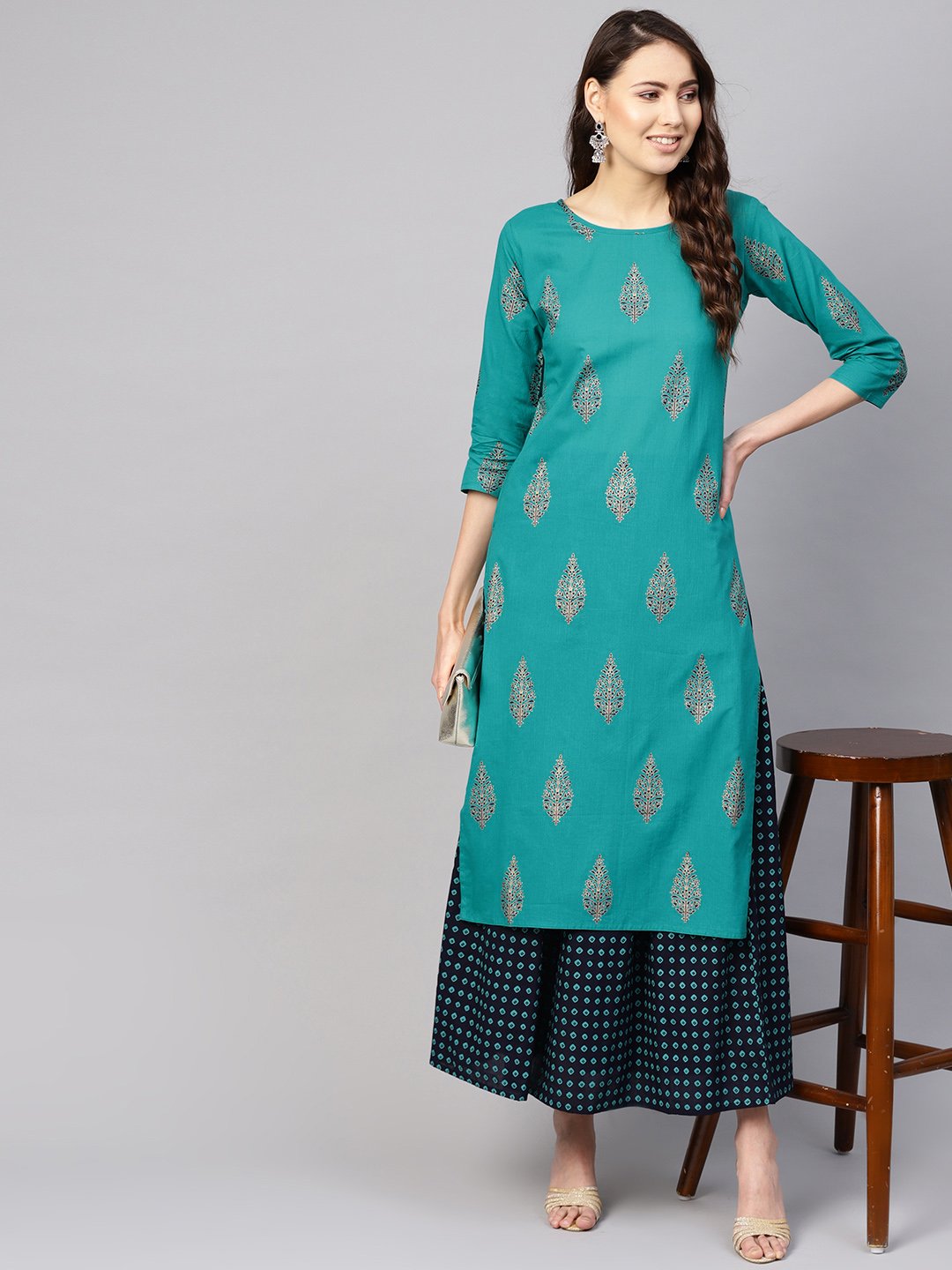 Women Green & Navy Blue Printed Kurta with Skirt | NOZ2TOZ - Made In INDIA.