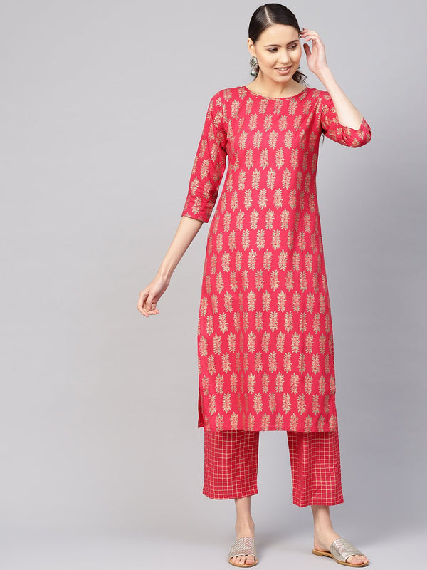 Women Red & Golden Printed Kurta with Trousers | NOZ2TOZ - Made In INDIA.